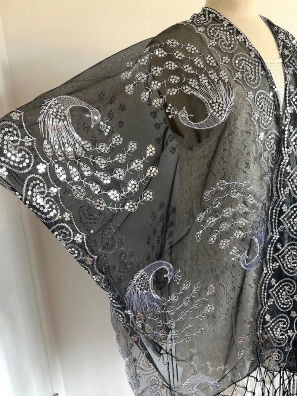 Sequin peacock kimono, Burnout, black, silver sequin, Semi Sheer, fringed, Handm